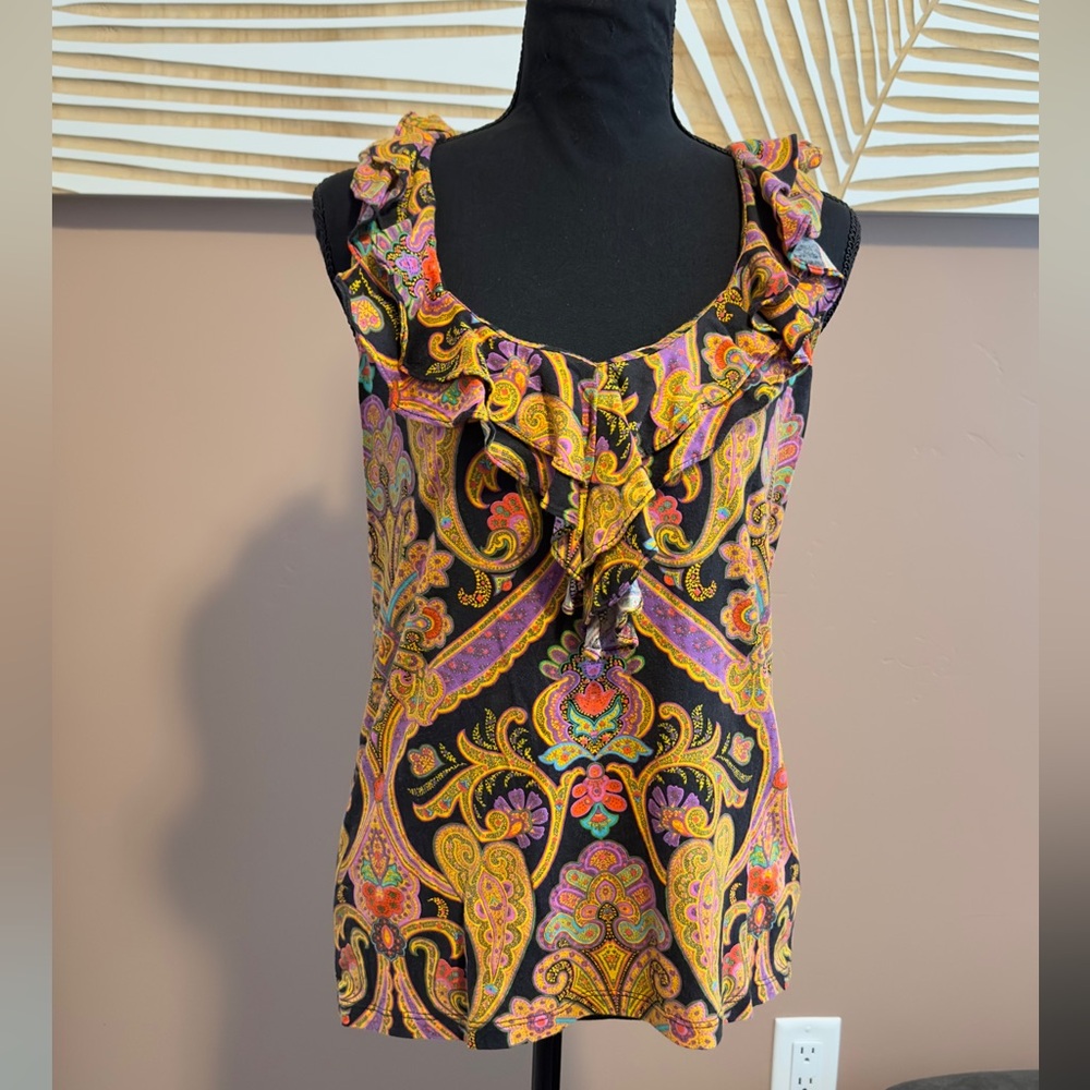LAUREN RALPH LAUREN Womens Size LG Yellow Paisley Ruffle V-Neck Tank Top